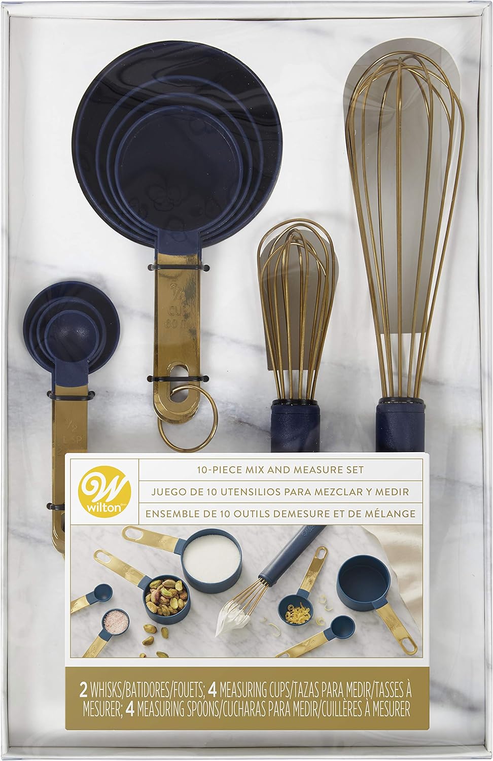 Wilton Navy Blue and Gold Measuring Cups, Measuring Spoons and Whisks Set, 10-Pcs