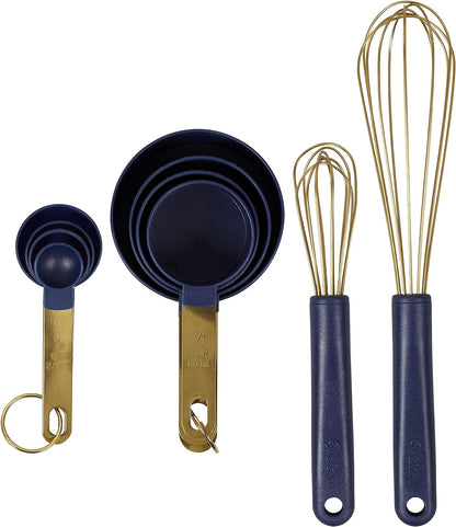 Wilton Navy Blue and Gold Measuring Cups, Measuring Spoons and Whisks Set, 10-Pcs