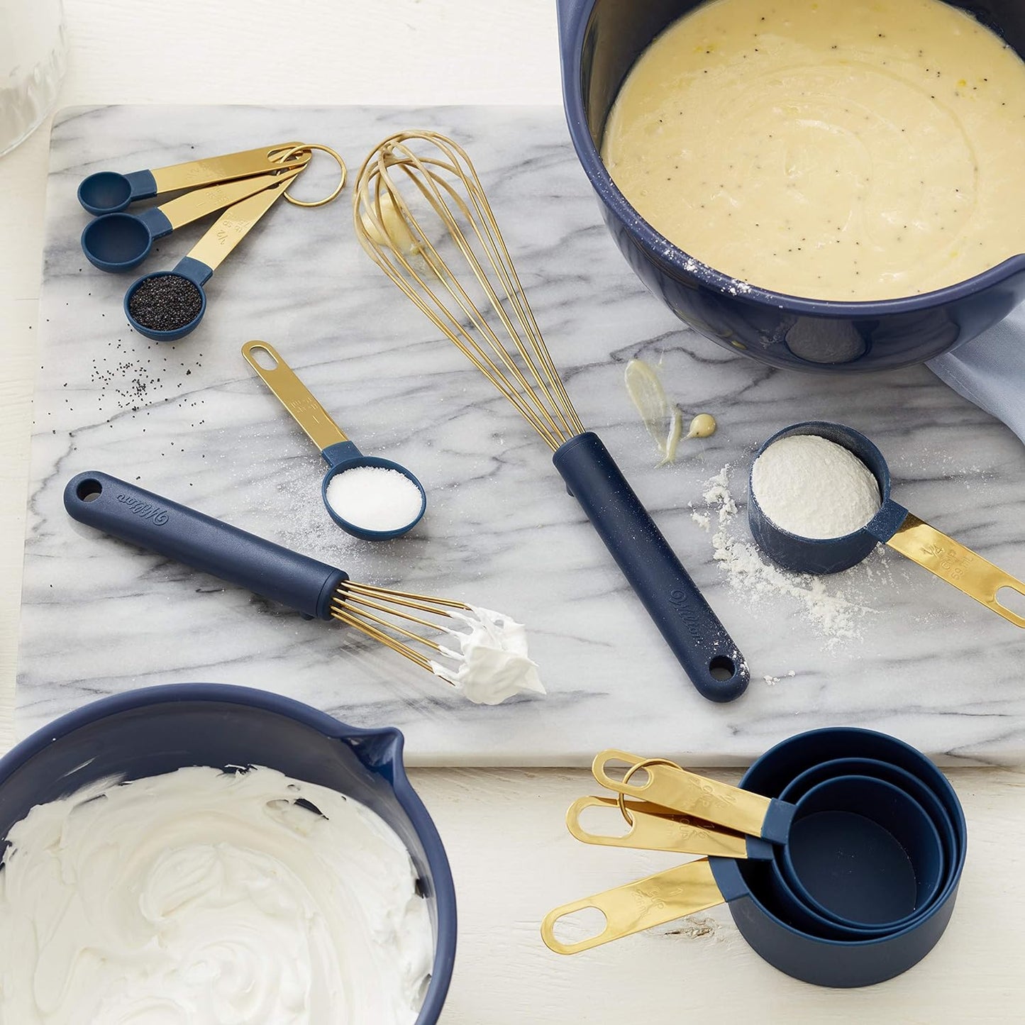 Wilton Navy Blue and Gold Measuring Cups, Measuring Spoons and Whisks Set, 10-Pcs